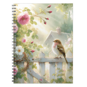 Caderno Espiral Cena em aquarela de rosa de jardim e pássaro