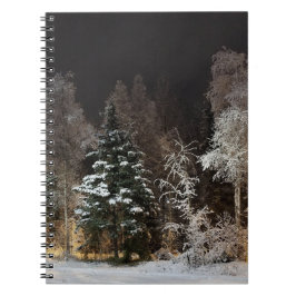 Caderno Espiral Cena Noturna de Floresta de Inverno Aconchegante