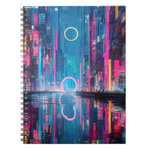 Caderno Espiral Cenário Noturno de Cidade Neon Vibrante Futurista