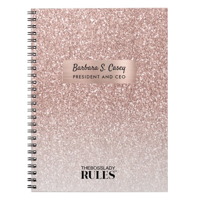 Caderno Espiral CEO Dama Chefe Rose Gold Glitter Nome e Título (Frente)