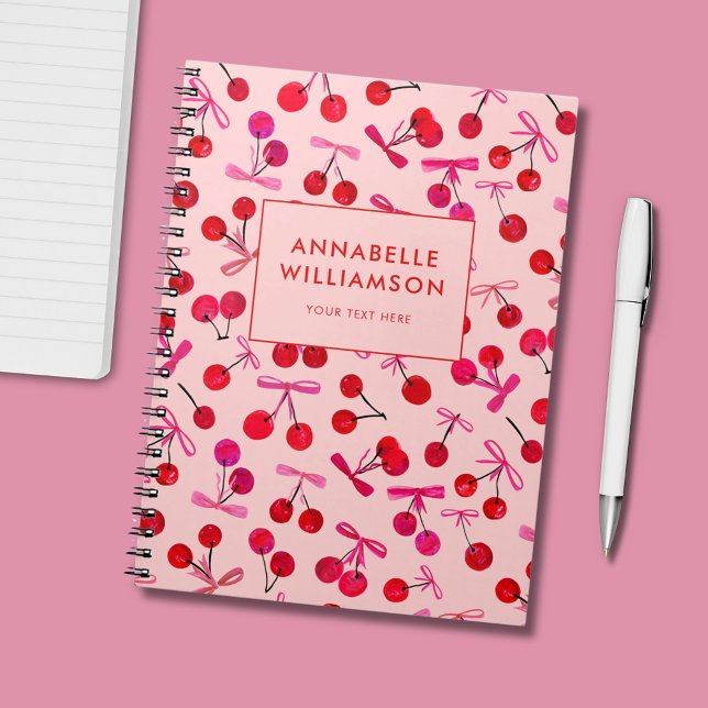 Caderno Espiral Cereja e Laço Rosa (Cute cherry & bow, coquette aesthetic, personalized notebook/journal.)