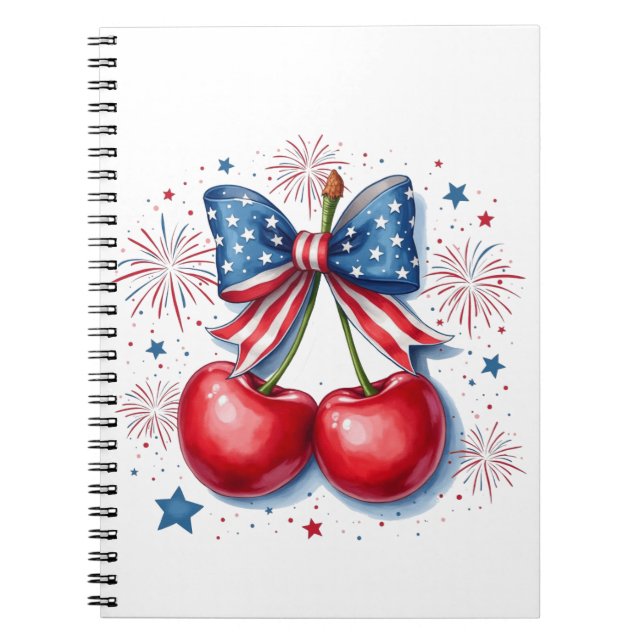 Caderno Espiral Cerejas com Arco Coquette 4 de julho Americano (Frente)