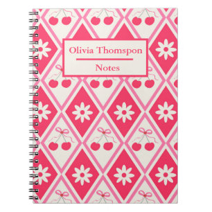 Caderno Espiral Cerejas Coquette com laços em diamantes vermelhos