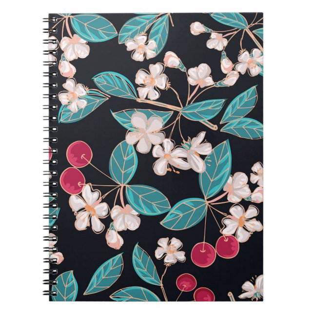 Caderno Espiral Cerejas suculentas. Fundo sem costura a partir de  (Frente)