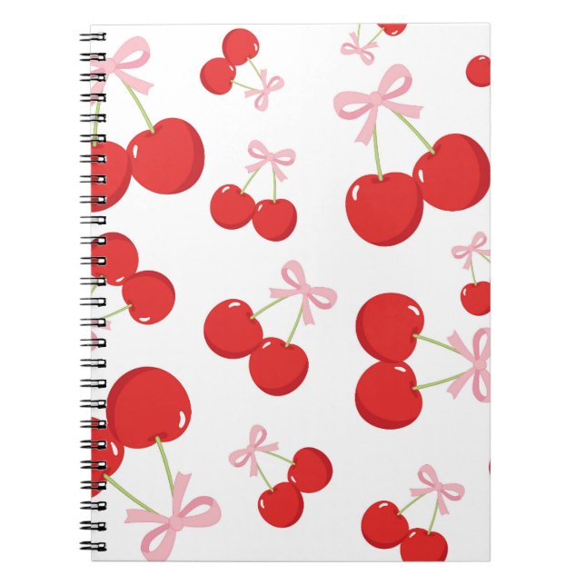Caderno Espiral Cerejas Vermelhas com Arco Rosa Charmoso Estilo Co (Frente)