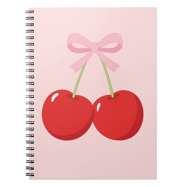 Caderno Espiral Cerejas Vermelhas com Laço Rosa Coquette Charme de (Frente)