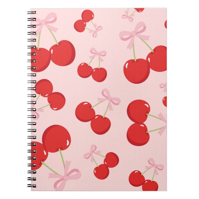 Caderno Espiral Cerejas Vermelhas com Laço Rosa Coquette Cottage C (Frente)