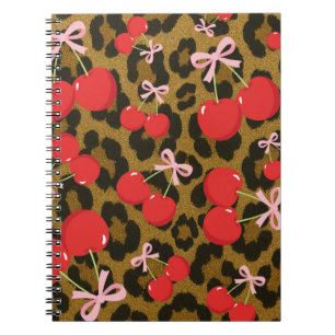 Caderno Espiral Cerejas Vermelhas com Laço Rosa Estampa de Leopard