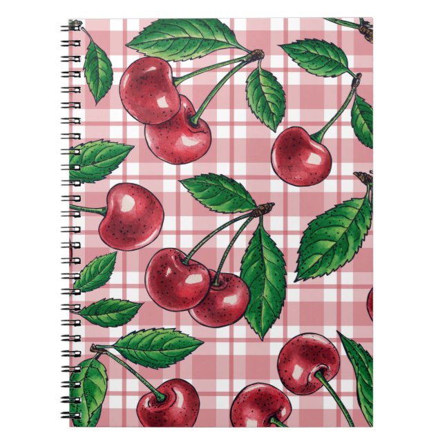 Caderno Espiral Cerejas vermelhas em gingham rosa (Frente)