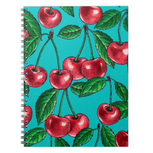 Caderno Espiral Cerejas vermelhas em turquesa