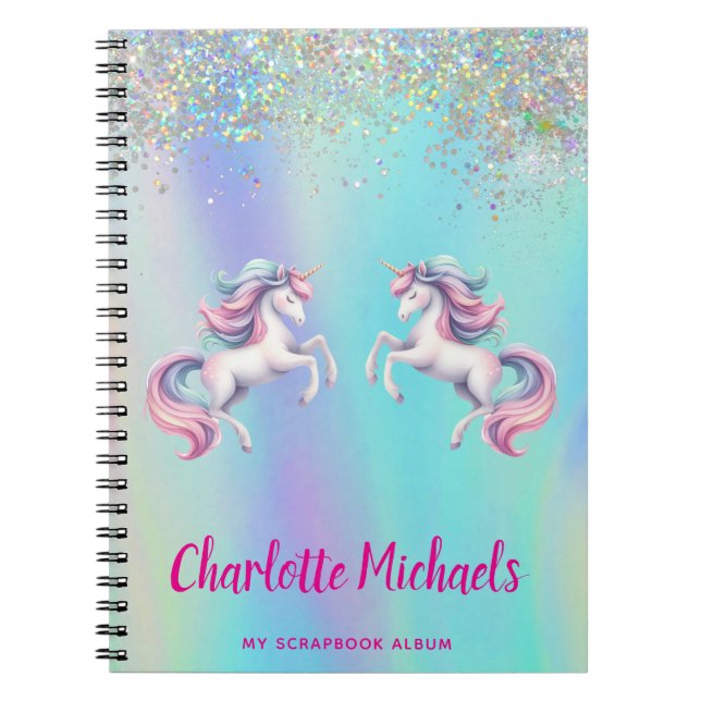 Caderno Espiral Cerne de unicórnio rosa roxo holográfico de volta  (Frente)