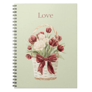 Caderno Espiral Cesto de Flores Tulipas Brancas Vermelhas