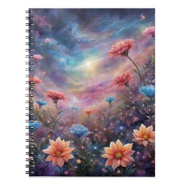 Caderno Espiral Céu cósmico com flores fantásticas (Frente)
