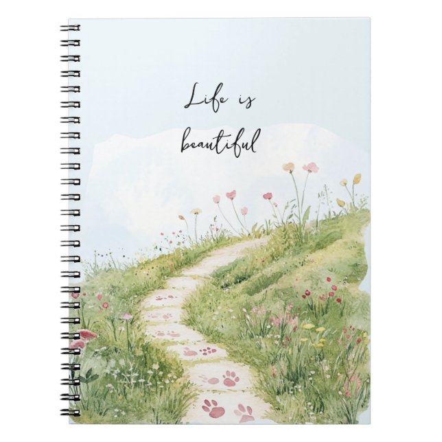 Caderno Espiral Céus Azuis Caminho de Grama Flores Rosas (Frente)