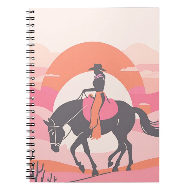 Caderno Espiral Céus do Deserto com Cowgirl Andando seu Cavalo (Frente)