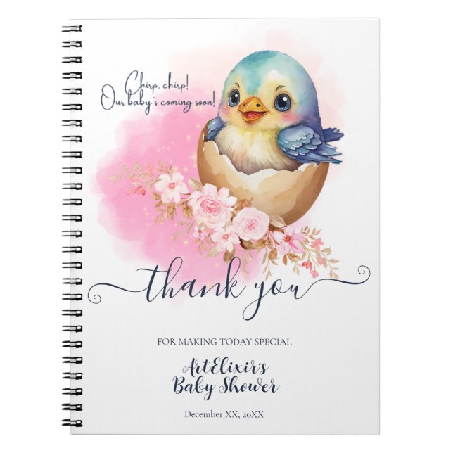 Caderno Espiral Chá de fraldas Floral Elegante De Ave-Egg Cute Kaw (Frente)