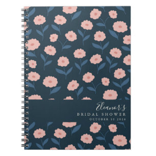 Caderno Espiral Chá de Noiva Boho Azul Marinho e Floral Rosa