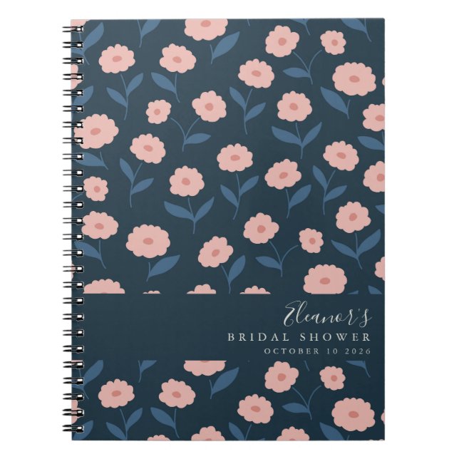 Caderno Espiral Chá de Noiva Boho Azul Marinho e Floral Rosa (Frente)