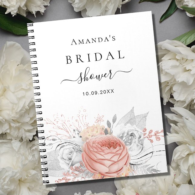 Caderno Espiral Chá de panela de livro convidado ouro floral prata (Criador carregado)