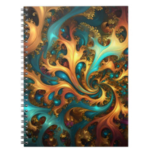 Caderno Espiral Chama de Cor: Teal, Dourada, dança Fractal Laranja