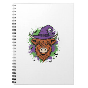 Caderno Espiral Chapéu de Bruxa Cow Highland Halloween Vetor Vinta