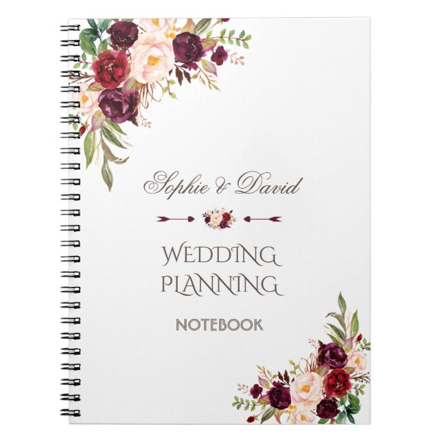 Caderno Espiral Charm Burgundy Red Marsala Floral Planner (Frente)