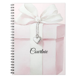 Caderno Espiral Charme do Coração do Arco Branco Cor-de-rosa-claro