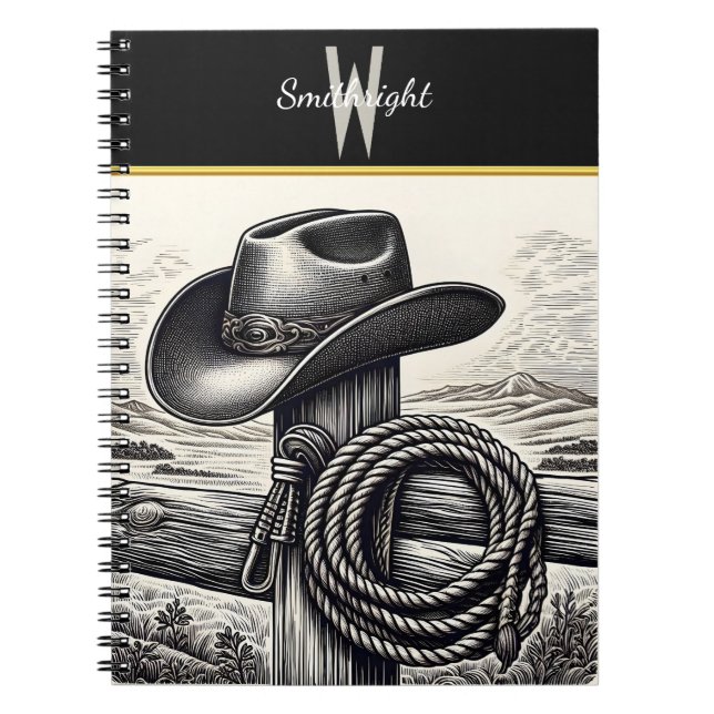 Caderno Espiral Charme Ocidental: Chapéu de Cowboy e Corda Descans (Frente)