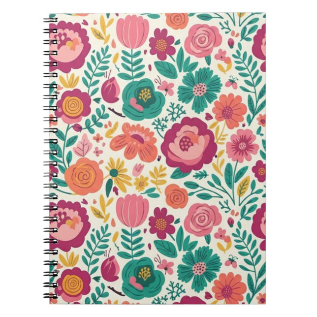 Caderno Espiral Cheery Folk Art Garden - Vibrant Pink & Teal (Frente)