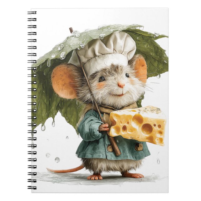 Caderno Espiral Chef Rato na Chuva com Guarda-Chuva de Folha e Que (Frente)