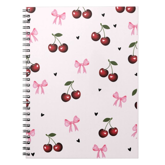 Caderno Espiral Cherry & Pink Bows Pattern - Coquette Aesthetic  (Frente)