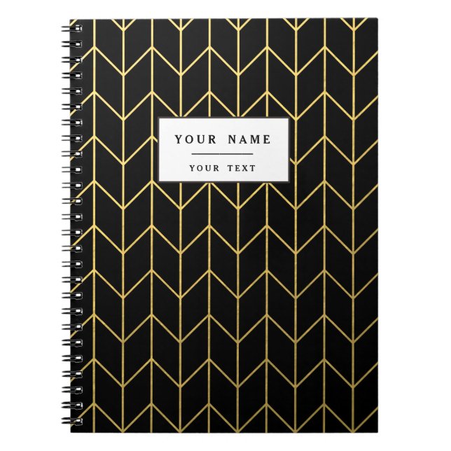 Caderno Espiral Chevron Dourado em Chic Moderno de Fundo Preto (Frente)