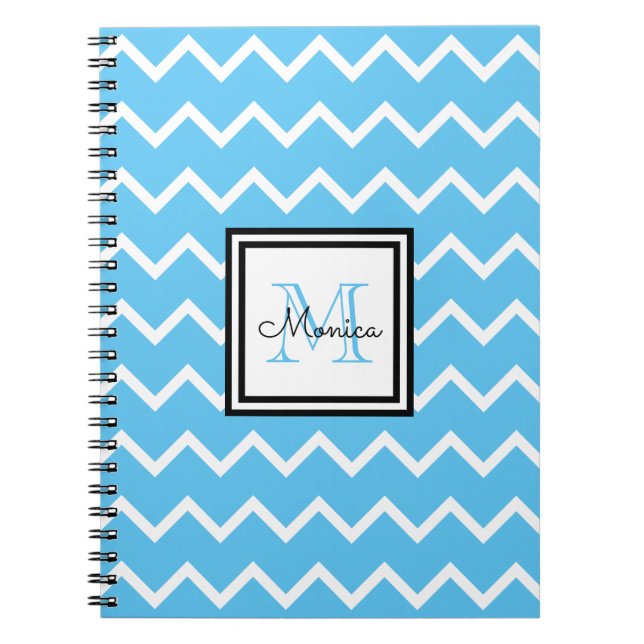 Caderno Espiral Chevron Monograma do Nome Azul Moderno (Frente)