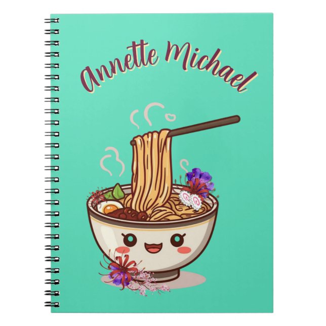 Caderno Espiral Chibi Cartoon Mint Green Ramen Bowl Japanese Flora (Frente)