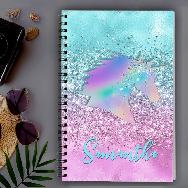 Caderno Espiral Chic Aqua Pink Unicorn Glitter monograma (Criador carregado)