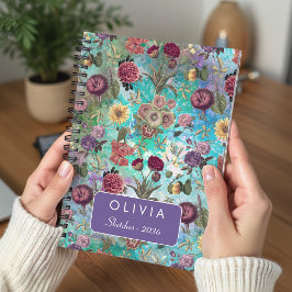 Caderno Espiral Chic Aqua Verde Floral Elegante em Aquarela