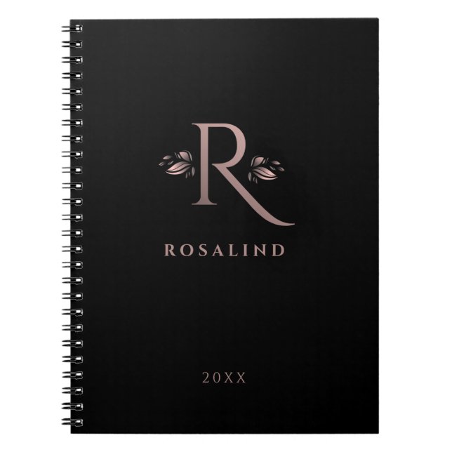 Caderno Espiral Chic Black e Faux Rosa Dourado R - Letra Monograma (Frente)