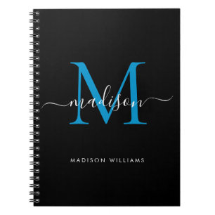 Caderno Espiral Chic Black Ocean Blue Monograma Nome inicial