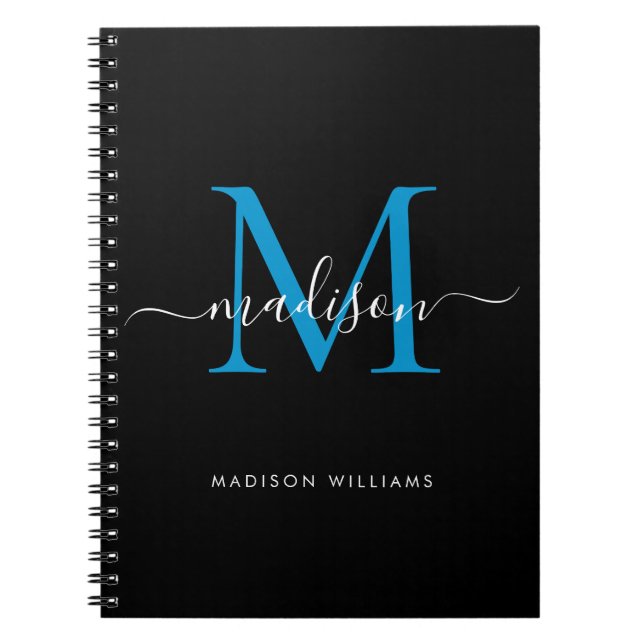 Caderno Espiral Chic Black Ocean Blue Monograma Nome inicial (Frente)