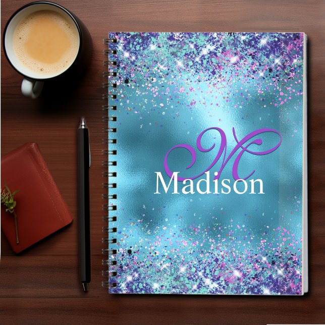 Caderno Espiral Chic Blue pink iridescent glitter monogram (Criador carregado)
