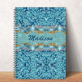Caderno Espiral Chic floral glittery gold Turquoise teal monogram