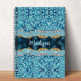 Caderno Espiral Chic floral glittery Teal Turquoise gold monogram