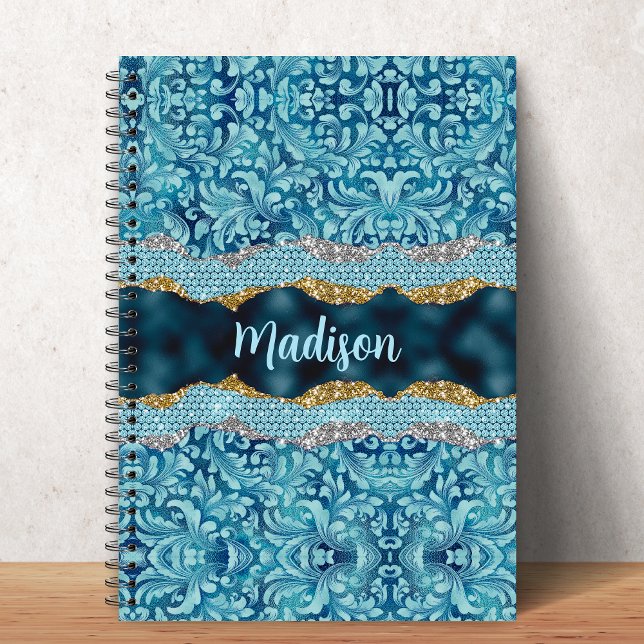 Caderno Espiral Chic floral glittery Teal Turquoise gold monogram (Criador carregado)