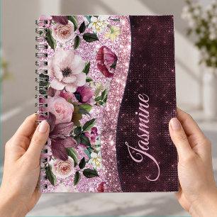 Caderno Espiral Chic floral rosa púrpura brilho monograma Burgundy