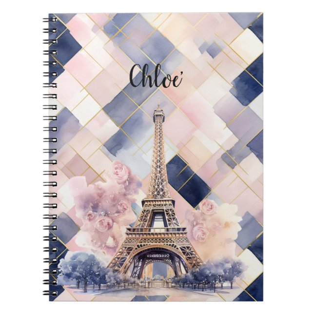 Caderno Espiral Chic French Blue Pink Eiffel Tower (Frente)
