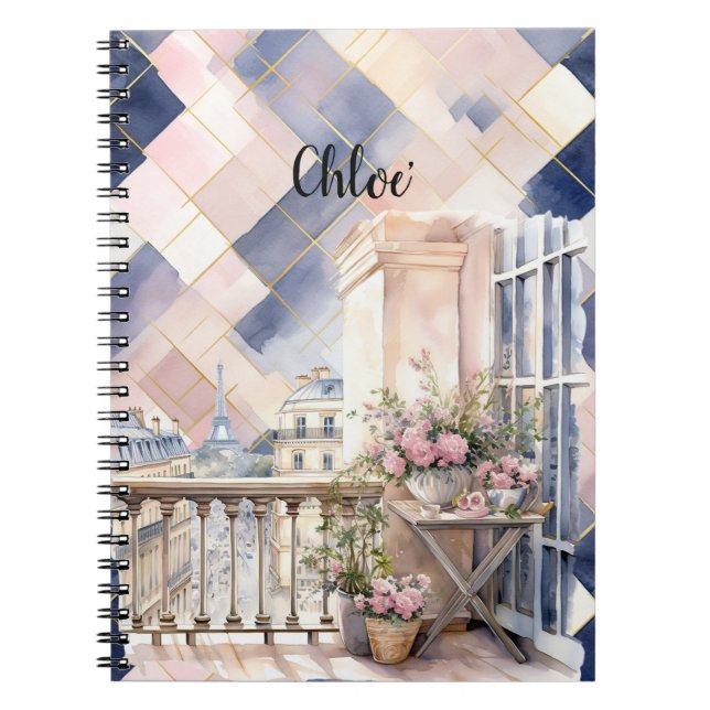 Caderno Espiral Chic French Blue Pink Paris Eiffel Tower (Frente)