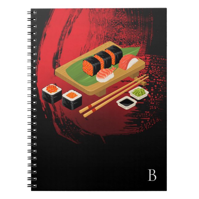 Caderno Espiral Chic Modern Elegante Black & Red Sushi (Frente)