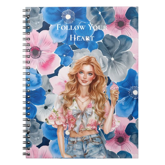 Caderno Espiral Chic Pink Blue Summer City Red Hair Girl (Frente)