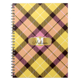 Caderno Espiral Chic Pink Yellow Tartan Dourado Monograma Nome do 