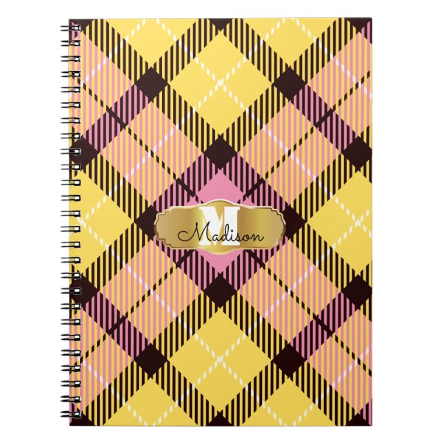 Caderno Espiral Chic Pink Yellow Tartan Dourado Monograma Nome do  (Frente)